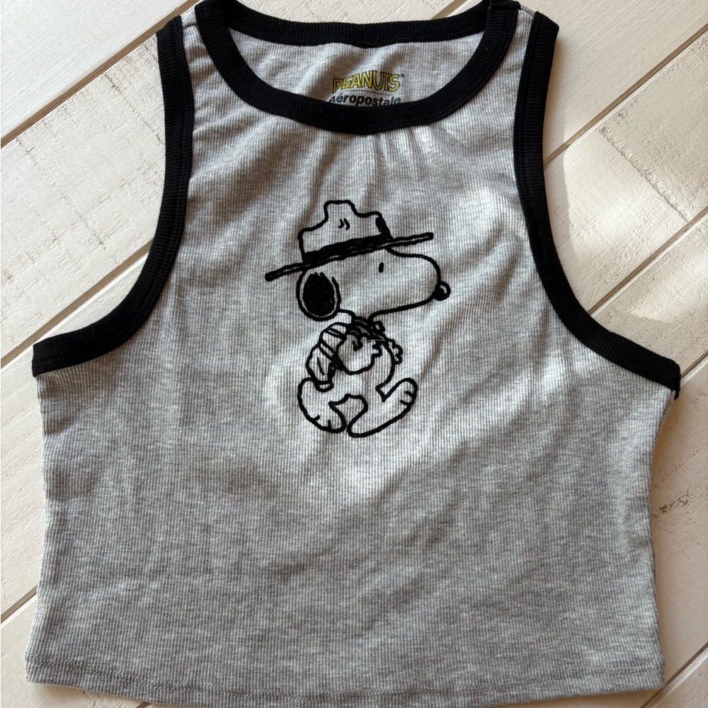 Peanuts Camp Snoopy Woman’s Cropped Gray Tank Top